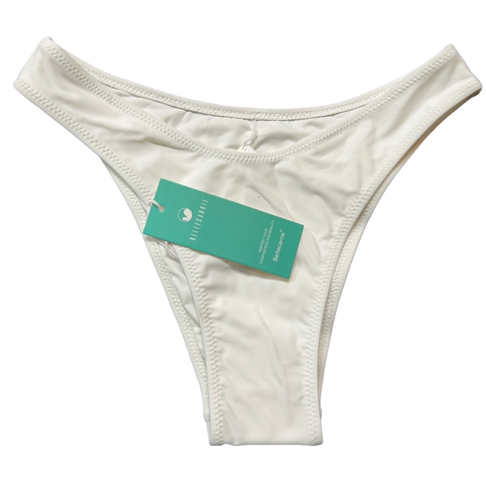 BELLECARRIE white cheeky high cut side low rise front bikini swim bottoms NWT
